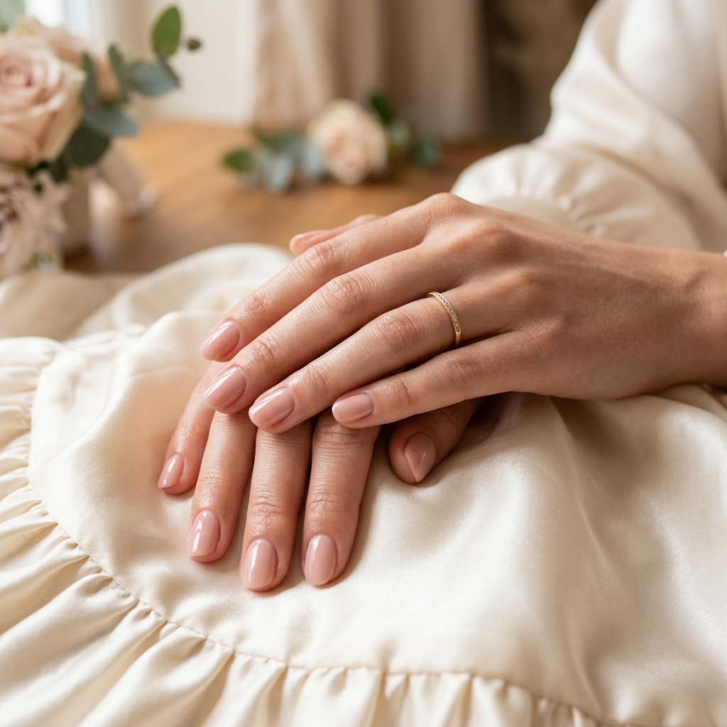 Glossy gel manicure in soft nude pink