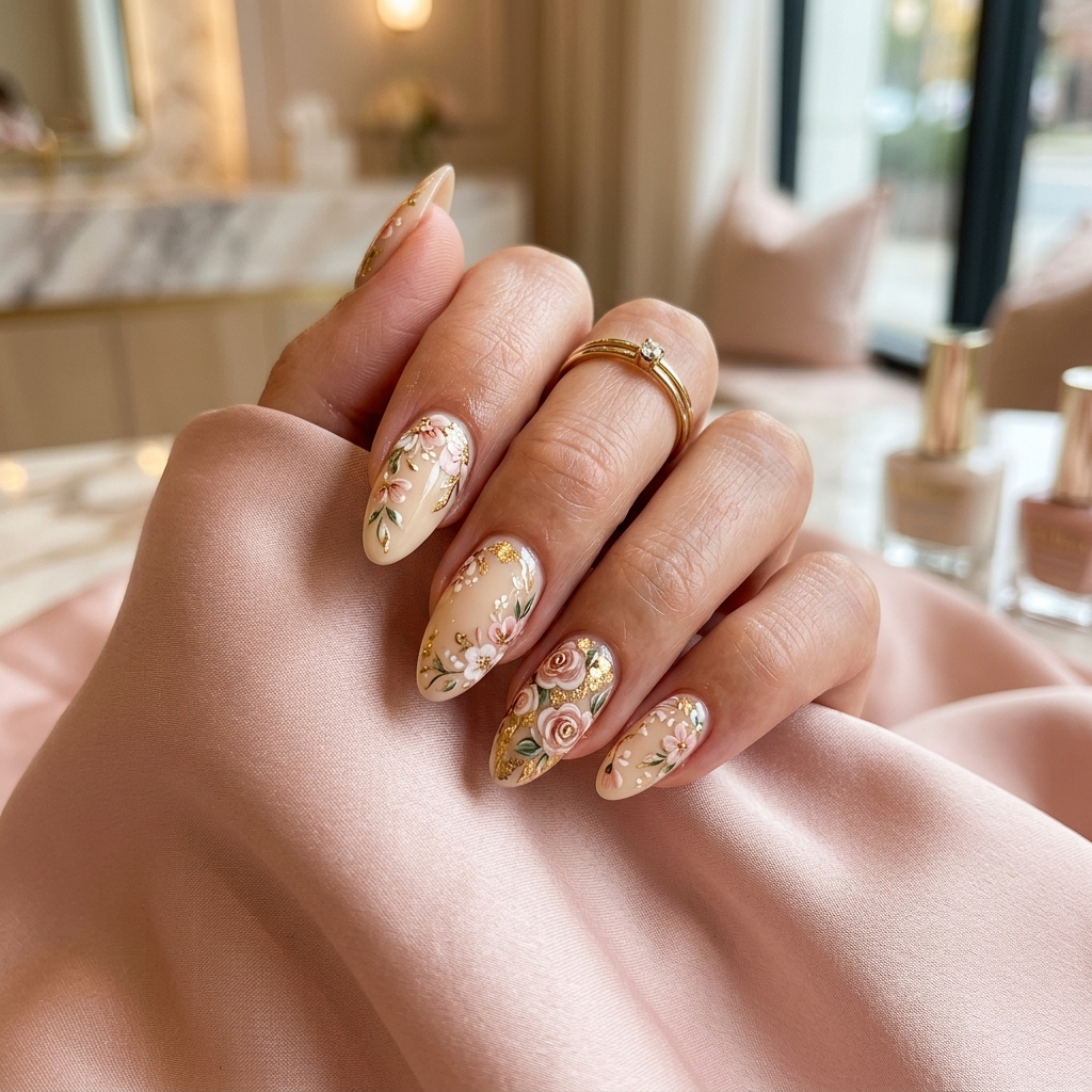 Custom floral nail art with gold foil