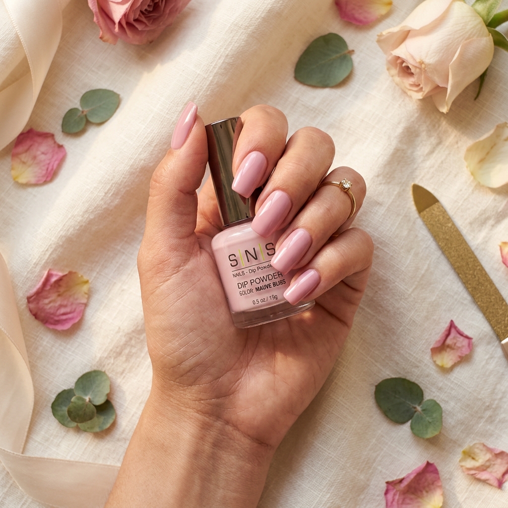 SNS dip powder nails in soft mauve pink